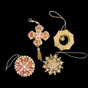 Ornament Set Crystal Beaded Gold Tone Set Of Four 2" Snowflake Cross